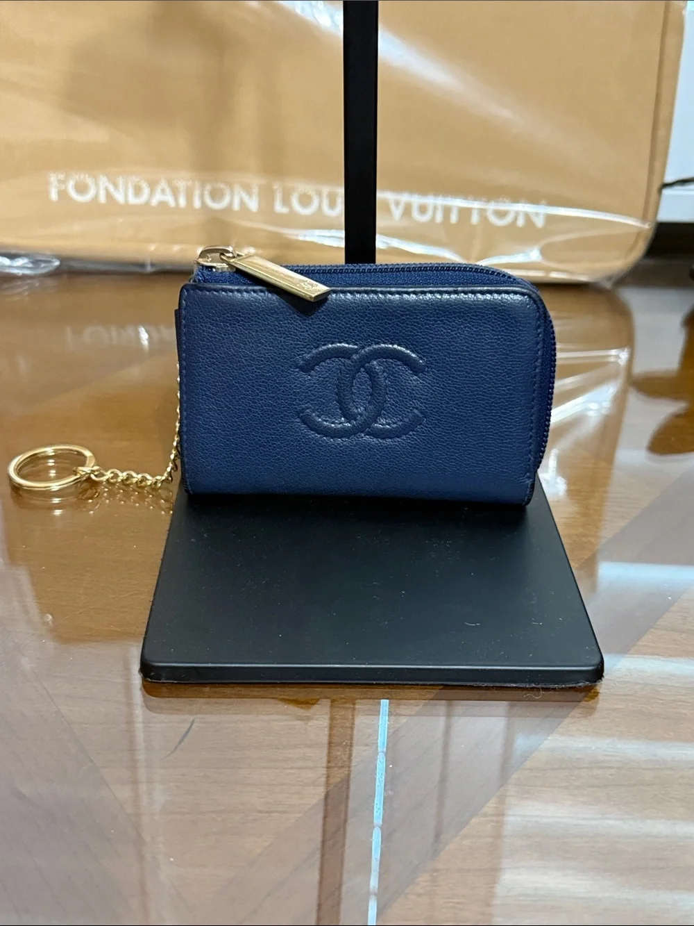 CHANEL Navy Leather CC Logo Key Pouch with Gold Chain